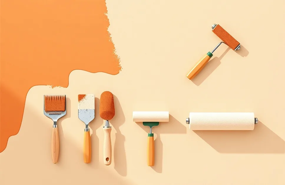 Outils de peinture disposés dans l'ordre des étapes du chantier