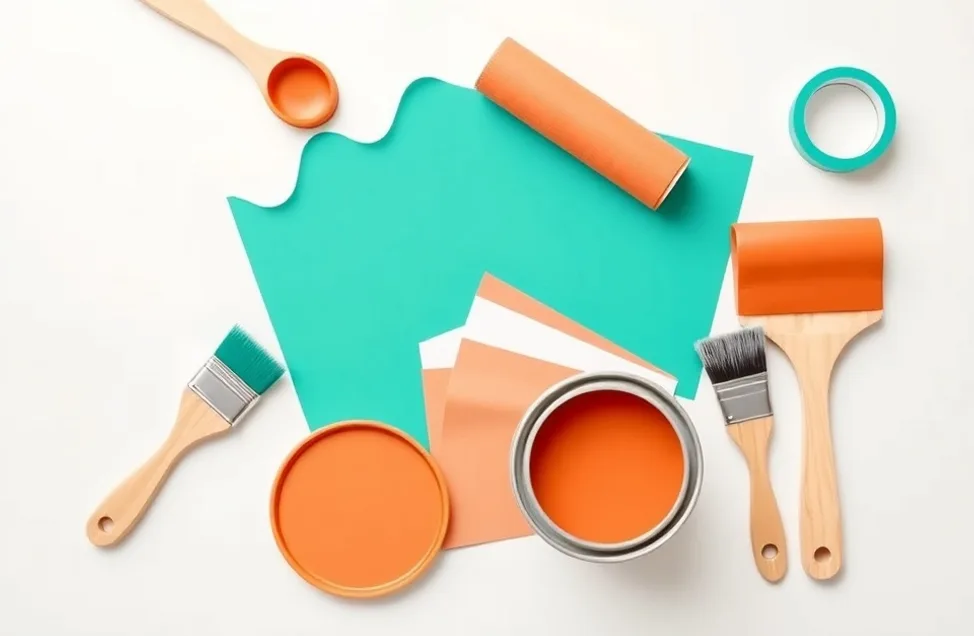 Pots de peinture, nuancier, brosses et rouleaux disposés à plat