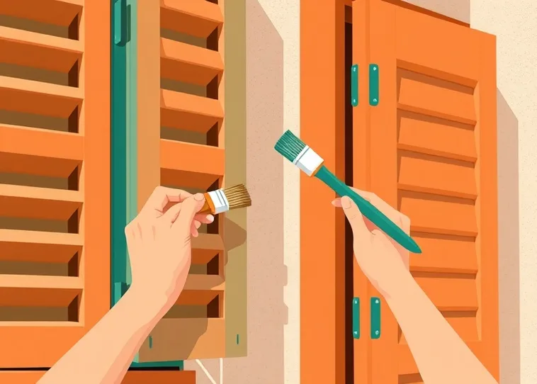 Mise en peinture au pinceau de volets et d'encadrements en bois