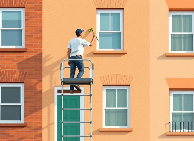 Peintre sur échafaudage traitant la façade d'une maison
